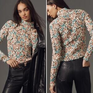 Dolan Left Coast Collection Pebble Smocked Neck Long Sleeve Shirt In Sky Size XS